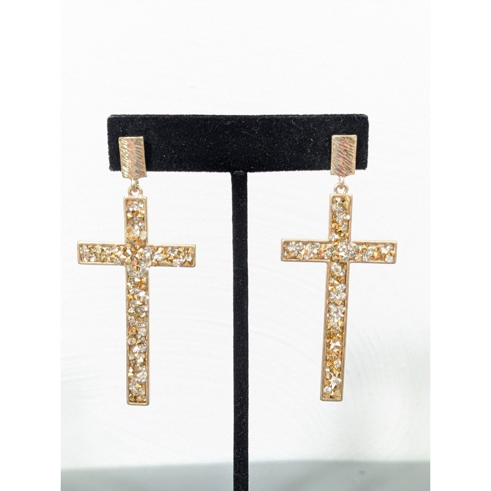 Boho Western Golden Rhinestone Long Cross Dangle Earrings Pierced